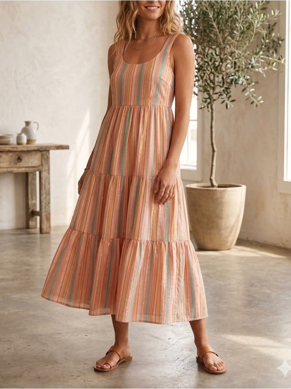 Linda Anderson NWT Multi-Color Striped Tiered Maxi Dress Sundress Boho Beach🩷